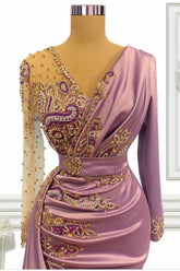 Long Mermaid V-neck Beading Satin Prom Dress with Sleeves-27Dress
